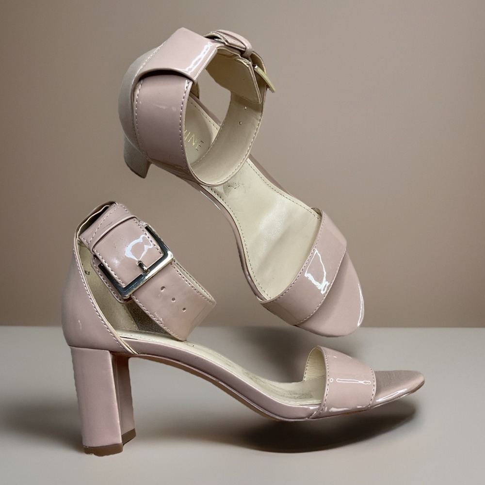 Nine West Womens 6M Ankle Strap Open Toe Block Heel Sandal Patent Nude Pumps‎